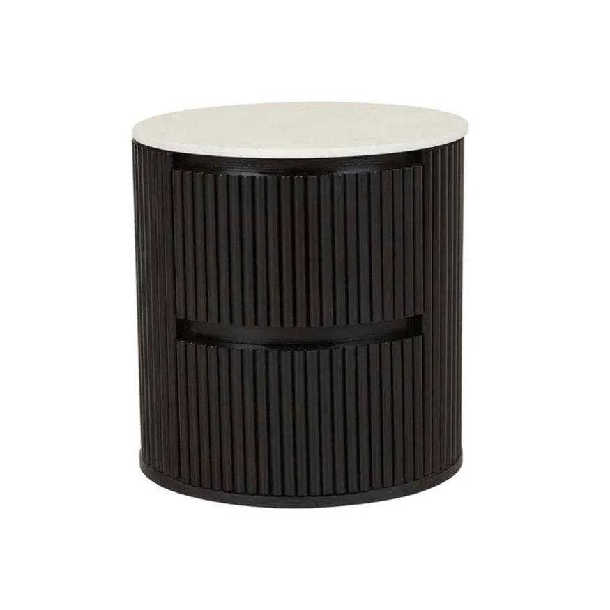 Benjamin Ripple Marble Round Bedside in Matte Black/Matte White Marble