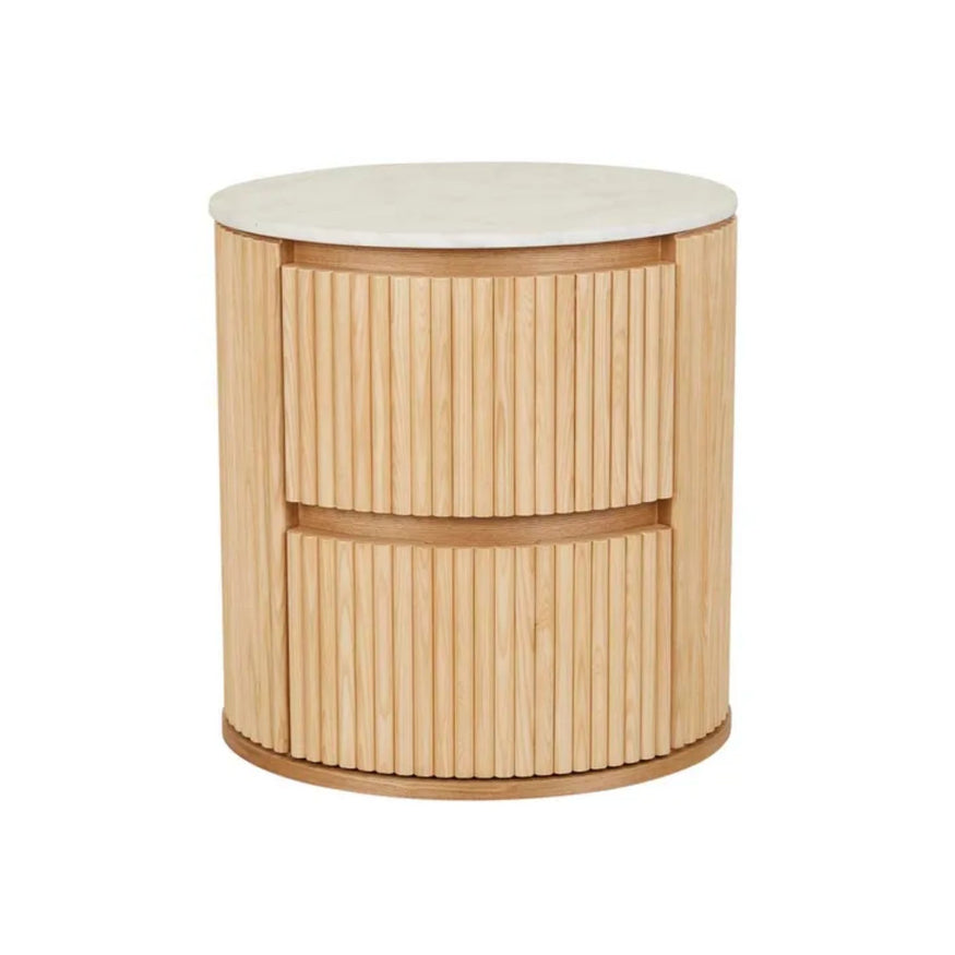 Benjamin Ripple Round Bedside in Natural Ash/Matte White Marble