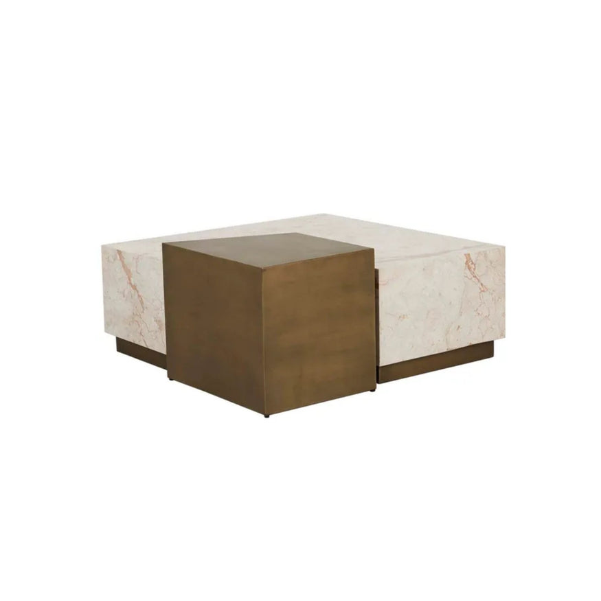 Verona Block Coffee Table in Crema Beige Marble/Antique Brass